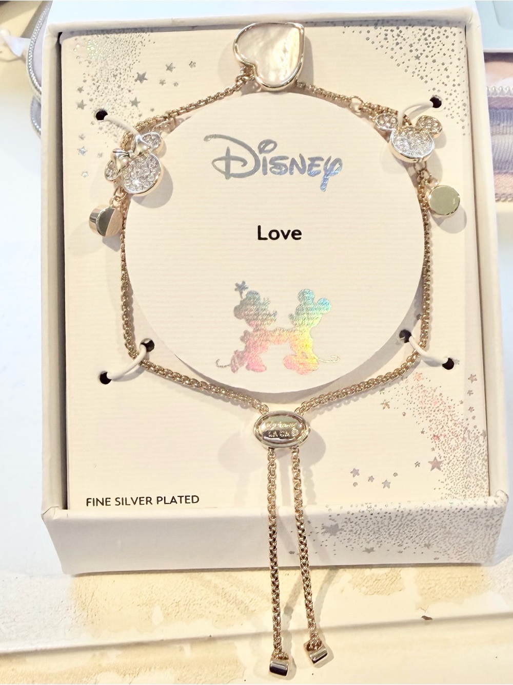 Disney Minnie Mouse "Love is Bowtiful" Bolo Charm Bracelet Silver Plated, NWT